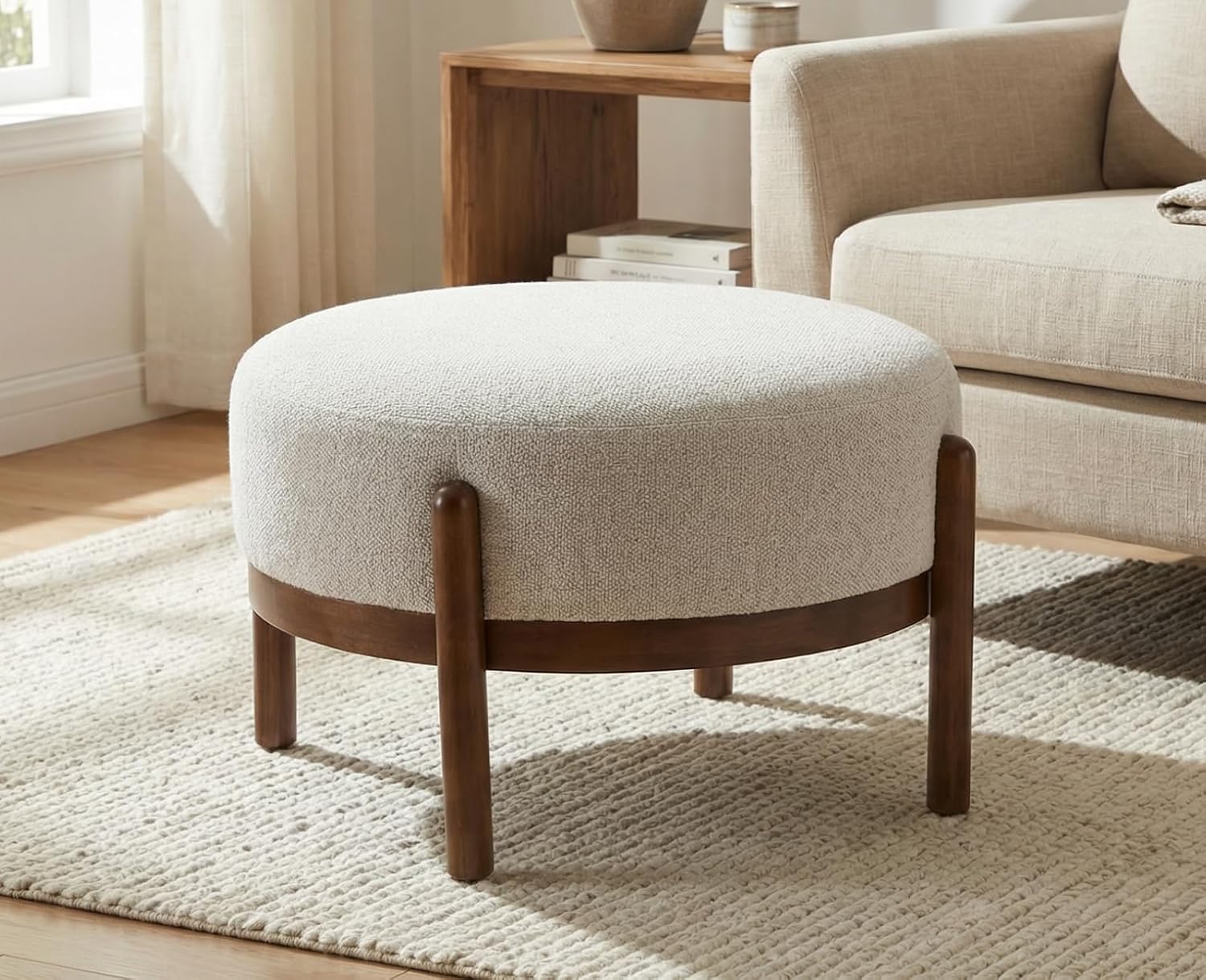 Outdoor Furniture Wood - Sherpa-stoffen Ottomaanse bank met houten poten,